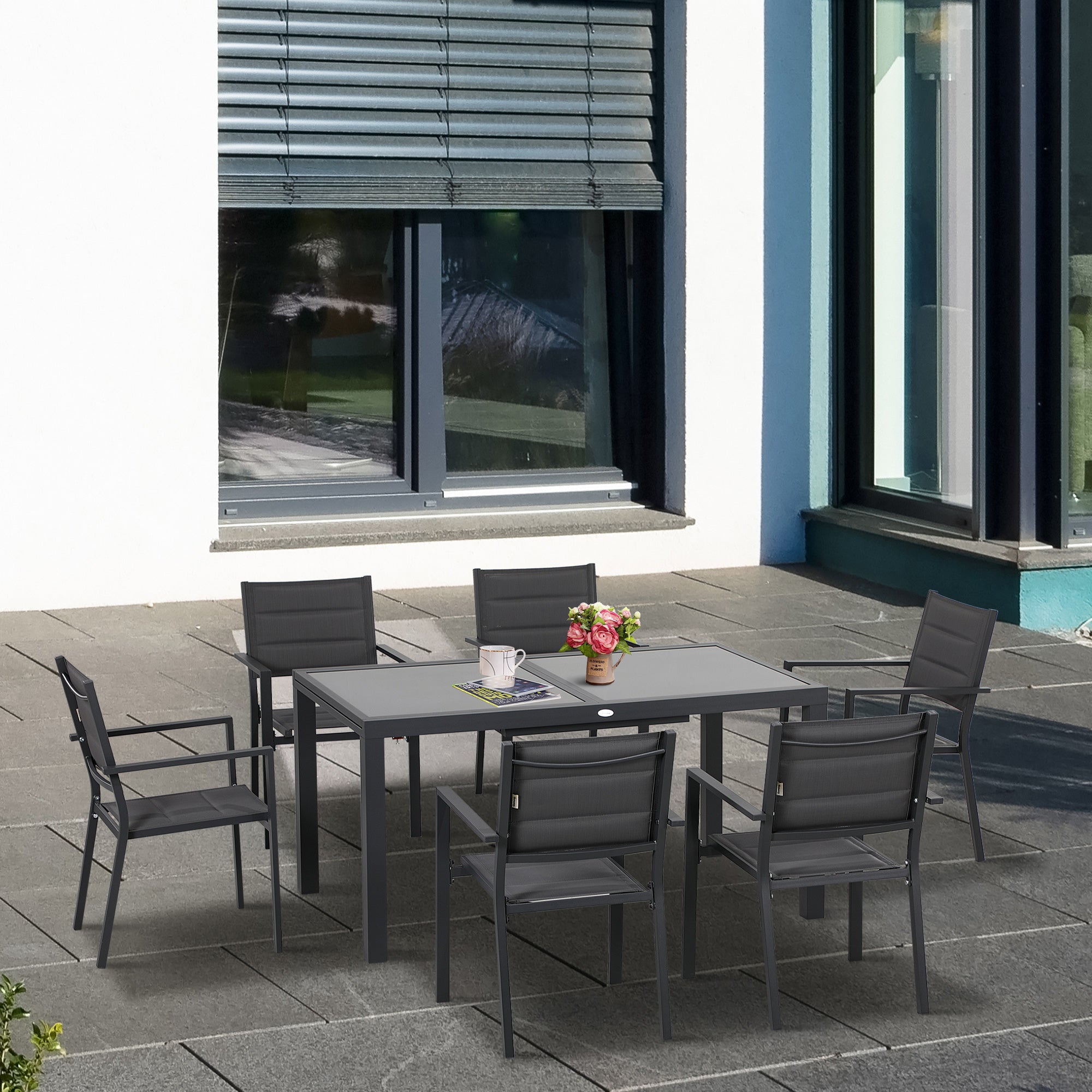 Outdoor Garden Furniture Set in Aluminum and Textilene Extendable Table 6 Stackable Chairs 6 People - Table Dimensions 150/210L x 90W x 75H cm Gray