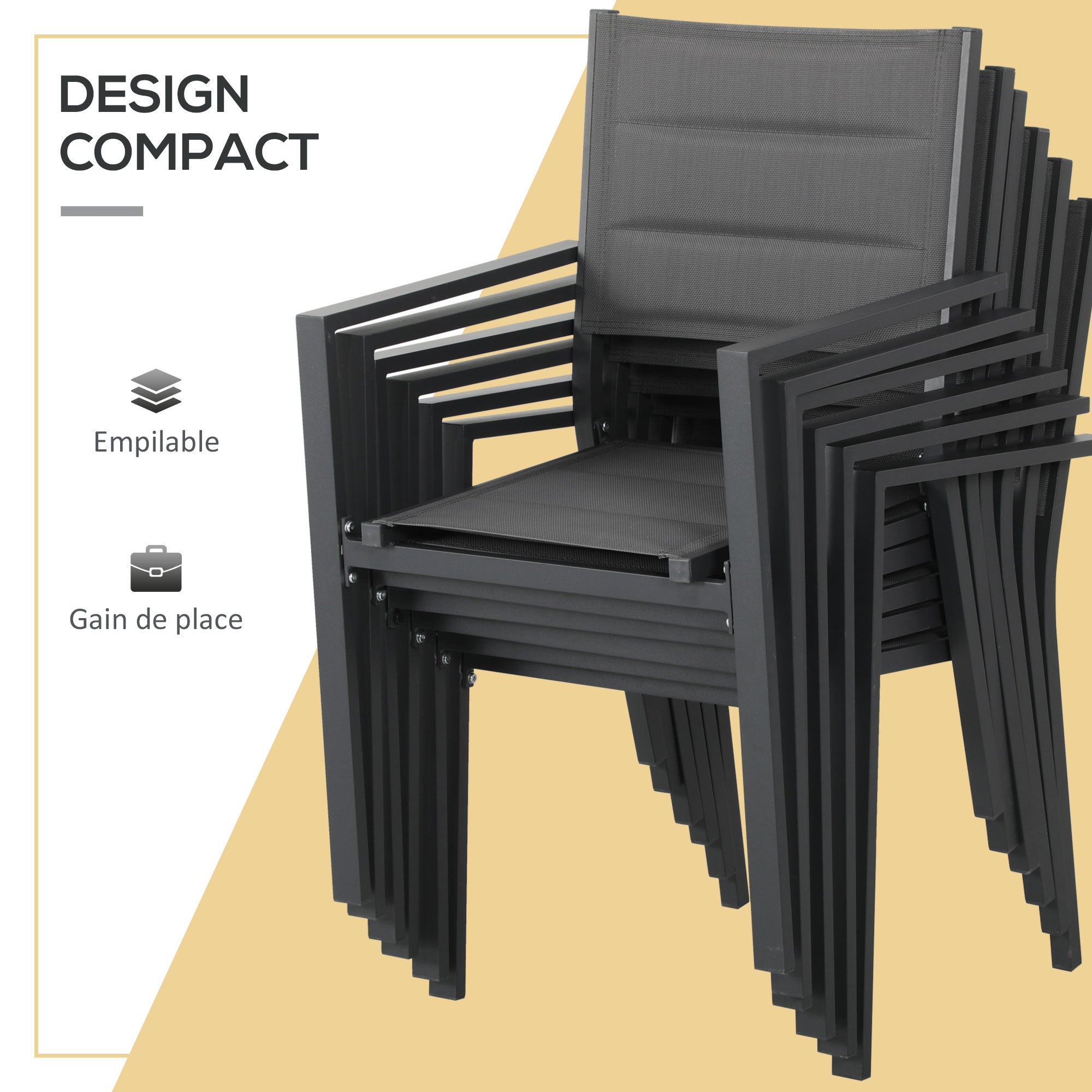 Outdoor Garden Furniture Set in Aluminum and Textilene Extendable Table 6 Stackable Chairs 6 People - Table Dimensions 150/210L x 90W x 75H cm Gray
