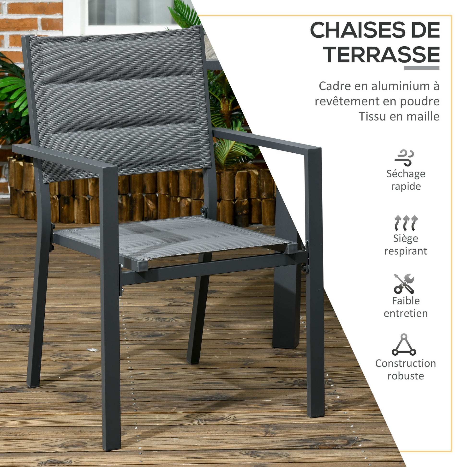 Outdoor Garden Furniture Set in Aluminum and Textilene Extendable Table 6 Stackable Chairs 6 People - Table Dimensions 150/210L x 90W x 75H cm Gray