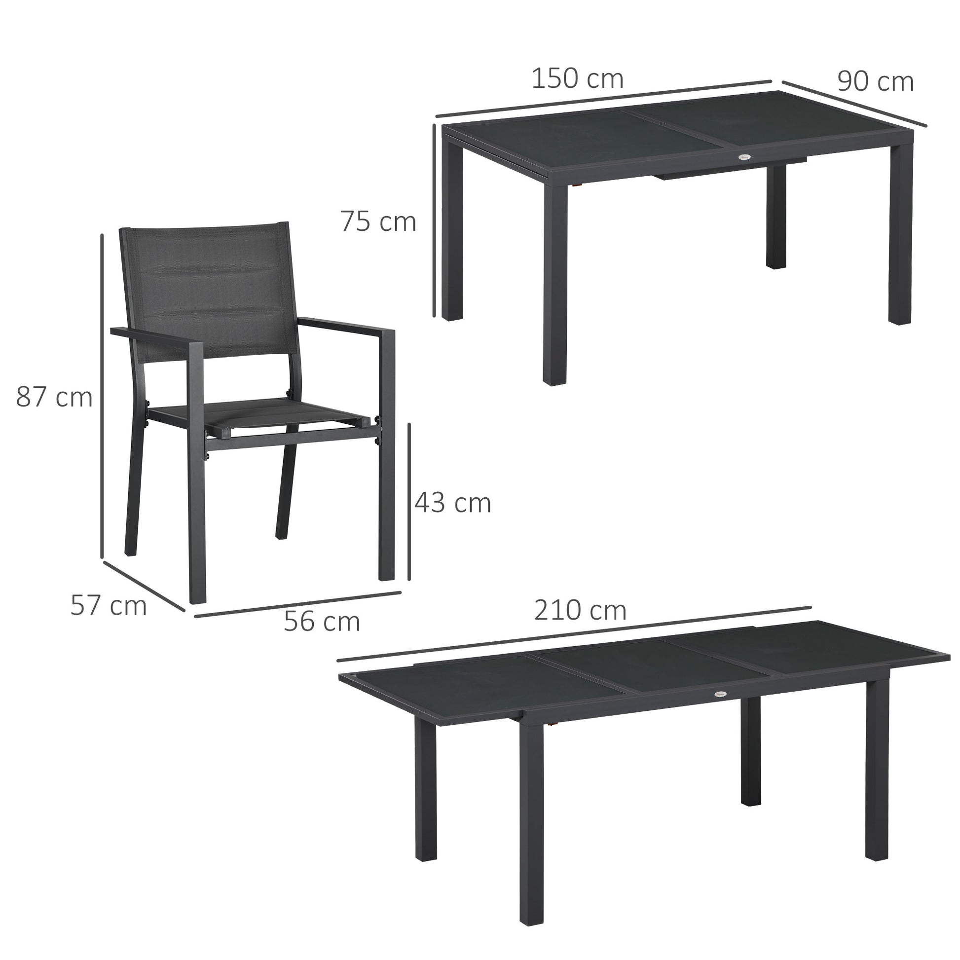 Outdoor Garden Furniture Set in Aluminum and Textilene Extendable Table 6 Stackable Chairs 6 People - Table Dimensions 150/210L x 90W x 75H cm Gray