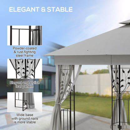 3 x 3 m Double-Roof Gazebo — Water-Repellent, Sturdy, Winter-Resistant Garden Gazebo with Mosquito Net, Steel Frame, Light Gray