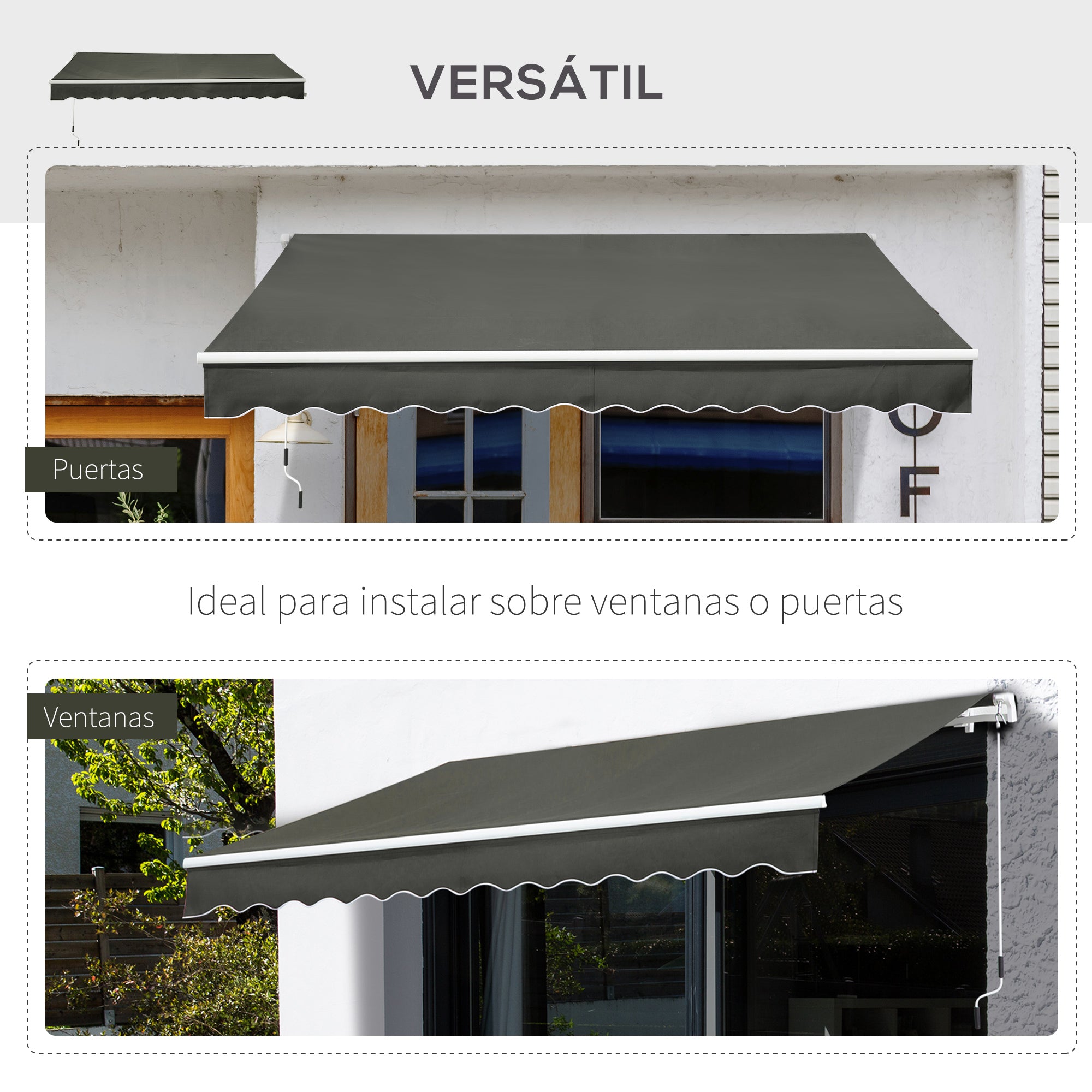 Manual Retractable Awning 350x250 cm Balcony Awning with Waterproof and Anti-UV Metal Crank Outdoor Roll-up Awning for Garden Terrace Windows Gray