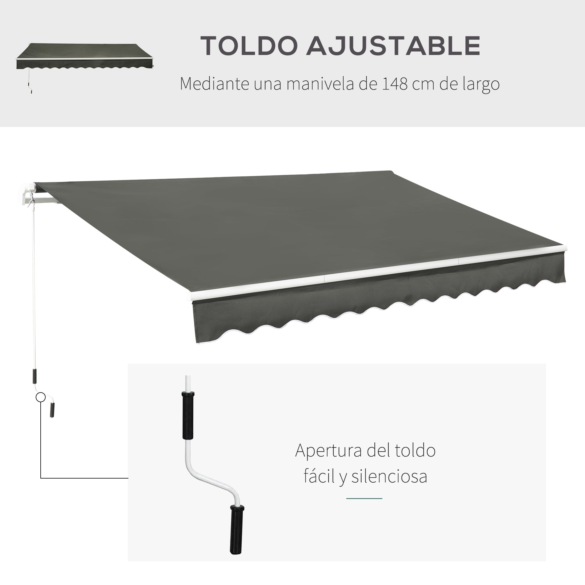 Manual Retractable Awning 350x250 cm Balcony Awning with Waterproof and Anti-UV Metal Crank Outdoor Roll-up Awning for Garden Terrace Windows Gray