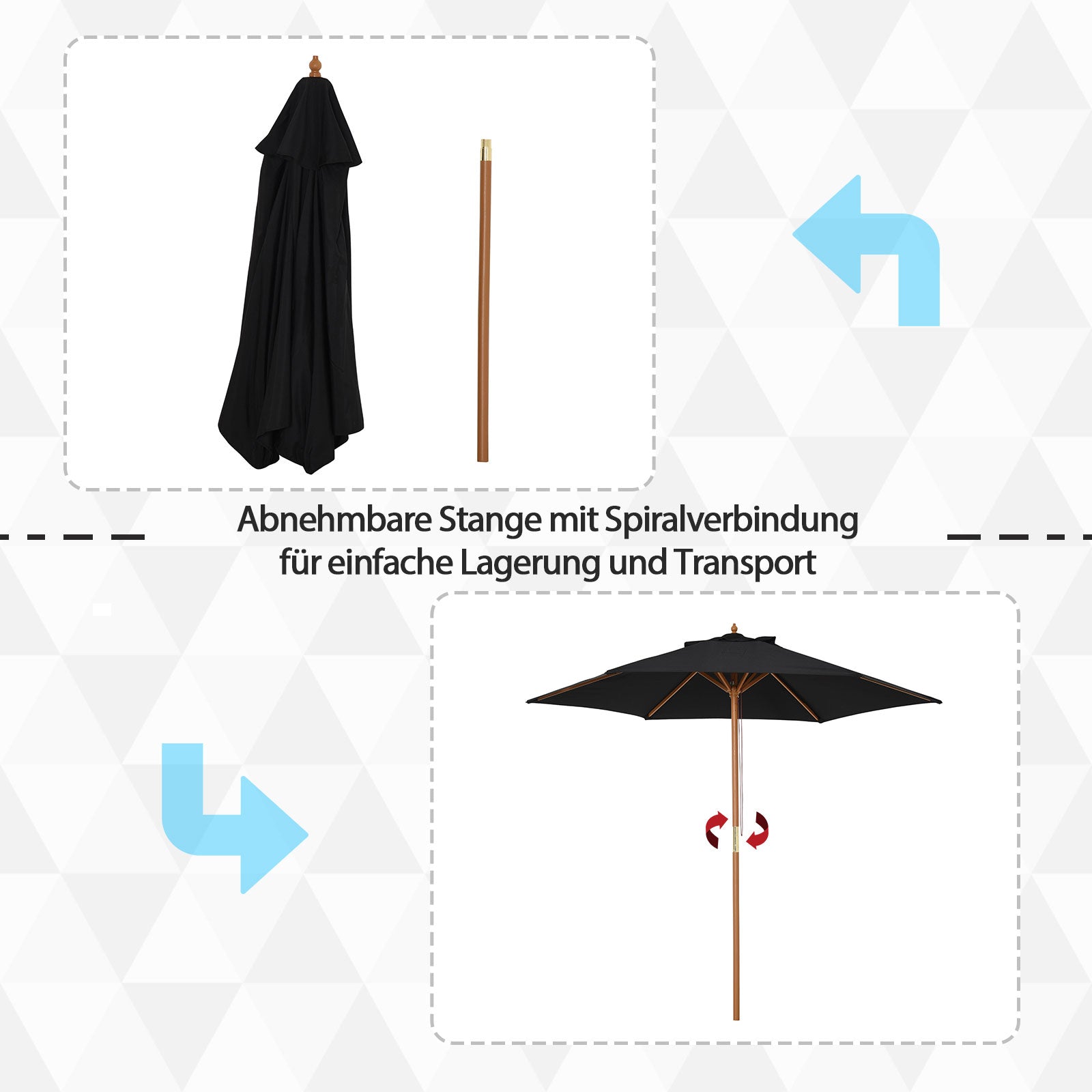 Umbrella Ø 250 cm, Umbrella with pulley mechanism Balcony Umbrella Beach Umbrella made of bamboo windproof Market Umbrella Sun protection for balcony terrace garden, Black