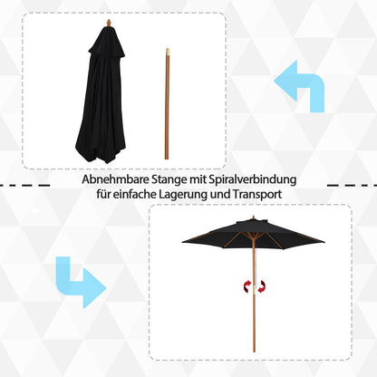 Umbrella Ø 250 cm, Umbrella with pulley mechanism Balcony Umbrella Beach Umbrella made of bamboo windproof Market Umbrella Sun protection for balcony terrace garden, Black