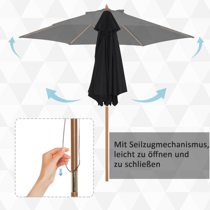 Umbrella Ø 250 cm, Umbrella with pulley mechanism Balcony Umbrella Beach Umbrella made of bamboo windproof Market Umbrella Sun protection for balcony terrace garden, Black
