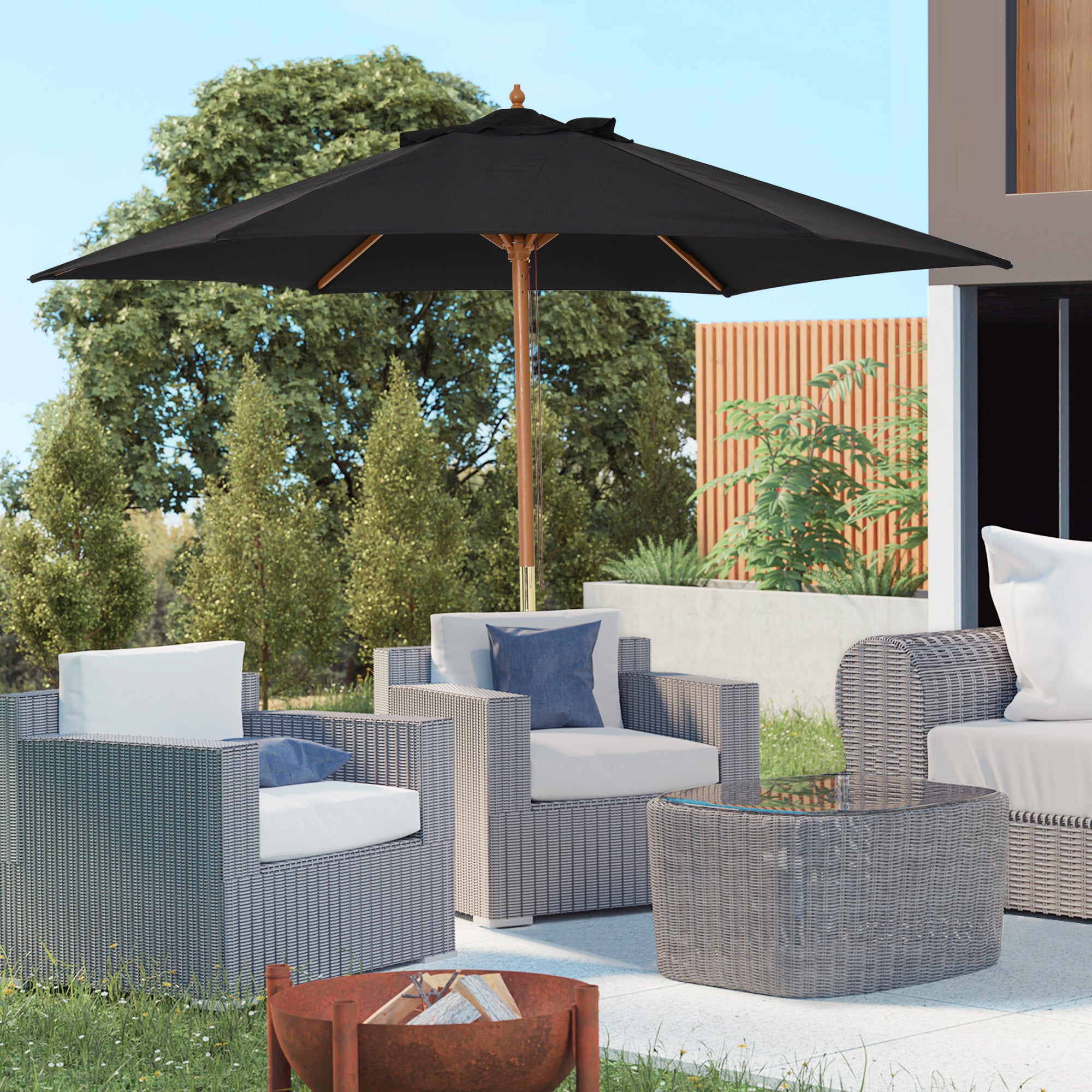 Umbrella Ø 250 cm, Umbrella with pulley mechanism Balcony Umbrella Beach Umbrella made of bamboo windproof Market Umbrella Sun protection for balcony terrace garden, Black
