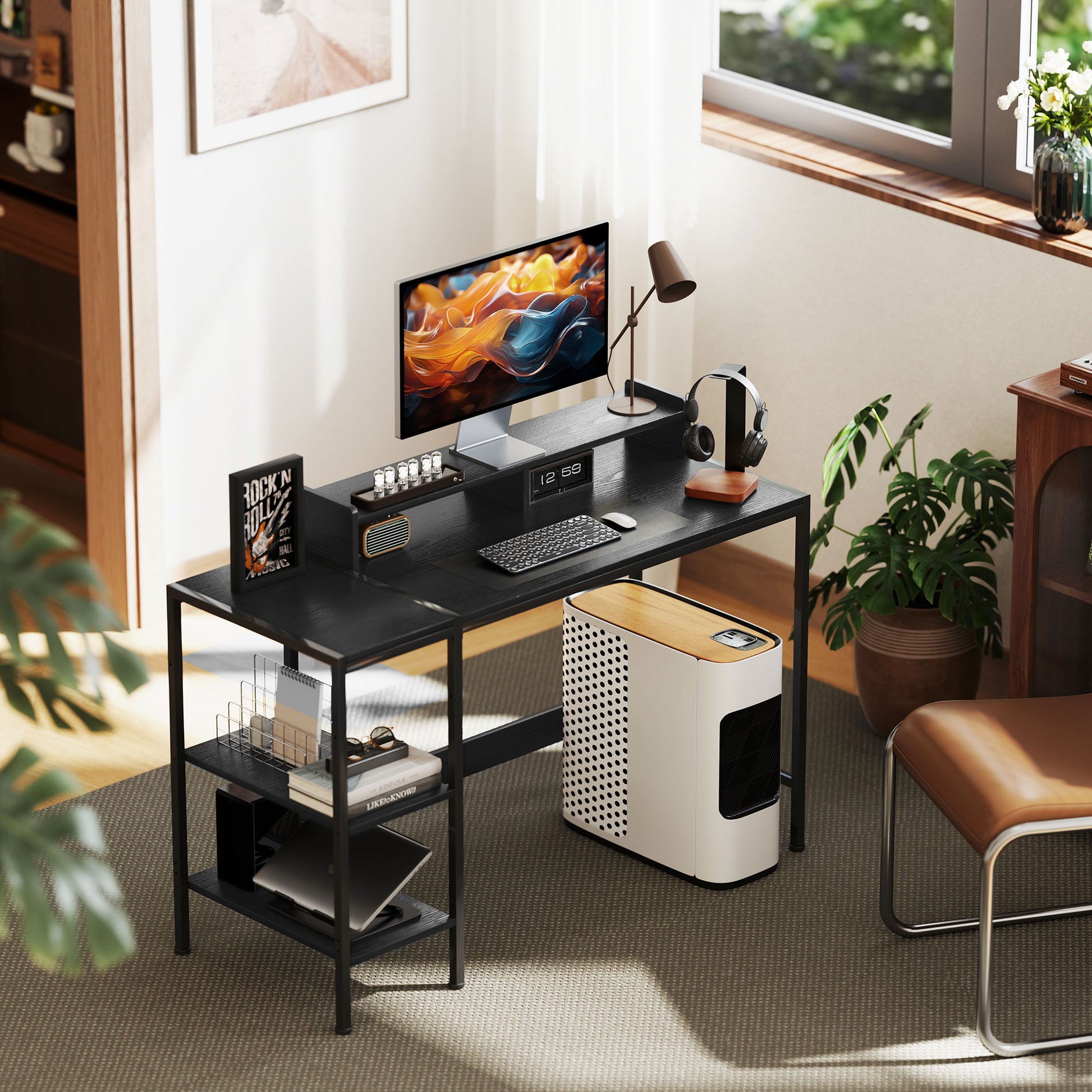 PC Desk with Reversible Shelves, Computer Desk with Monitor Stand and 2 Adjustable Shelves, Modern Wood and Steel Desk, 120x48x85.5 cm, Black