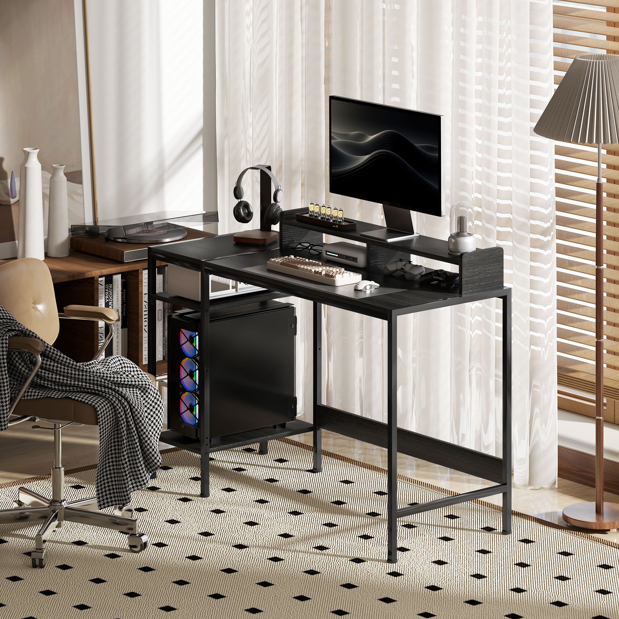 PC Desk with Reversible Shelves, Computer Desk with Monitor Stand and 2 Adjustable Shelves, Modern Wood and Steel Desk, 120x48x85.5 cm, Black