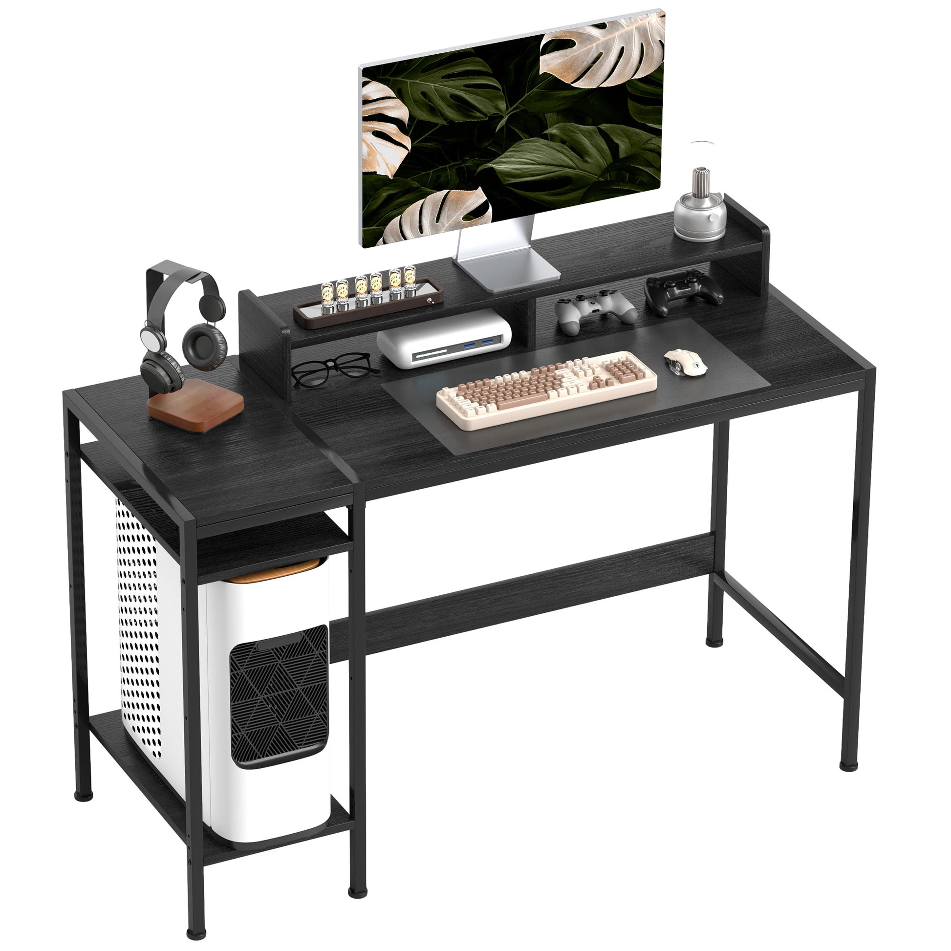 PC Desk with Reversible Shelves, Computer Desk with Monitor Stand and 2 Adjustable Shelves, Modern Wood and Steel Desk, 120x48x85.5 cm, Black