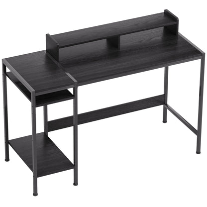 PC Desk with Reversible Shelves, Computer Desk with Monitor Stand and 2 Adjustable Shelves, Modern Wood and Steel Desk, 120x48x85.5 cm, Black
