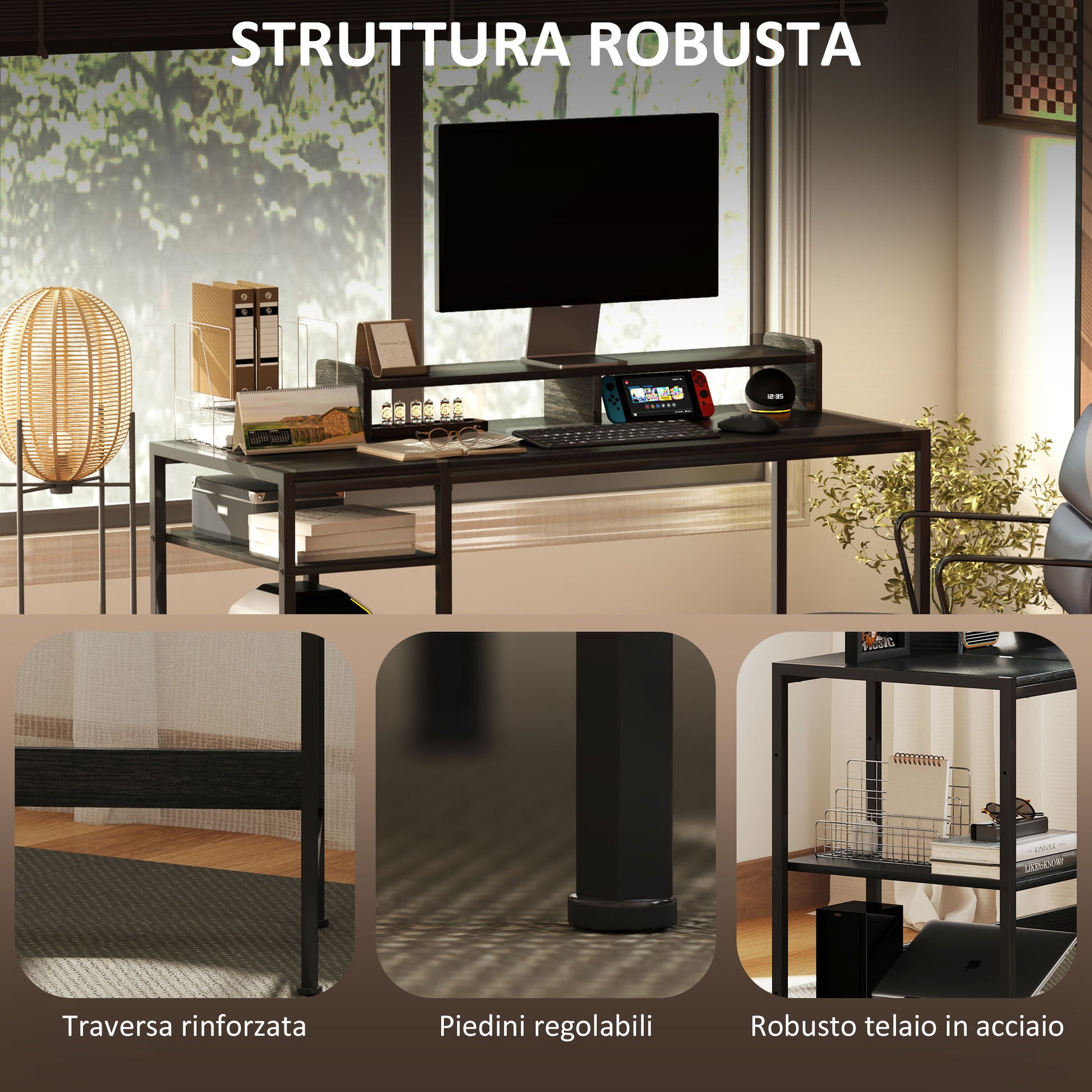 PC Desk with Reversible Shelves, Computer Desk with Monitor Stand and 2 Adjustable Shelves, Modern Wood and Steel Desk, 120x48x85.5 cm, Black