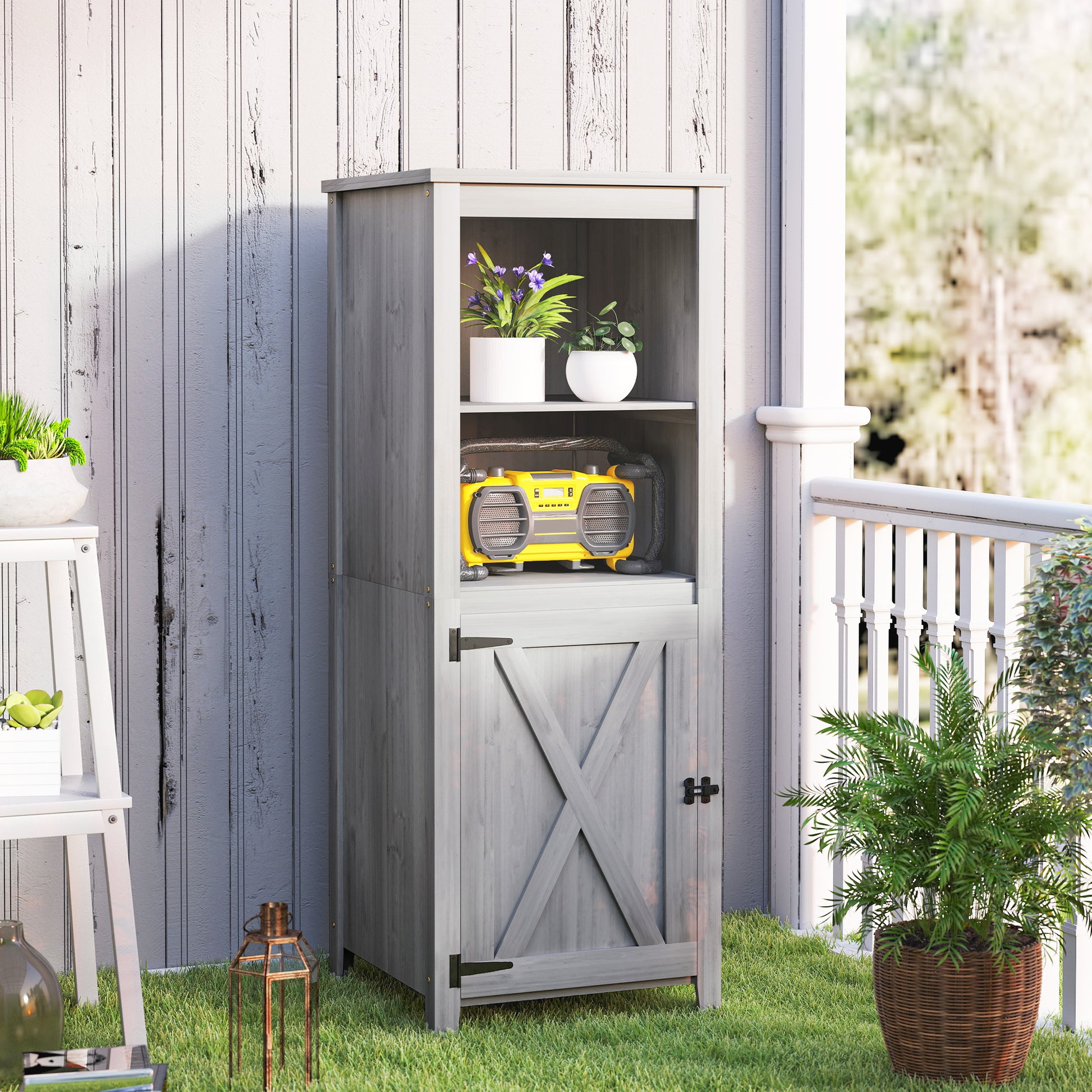 Garden Cabinet Wood, Weatherproof Tool Shed 60x60x160cm, Tool Shed with Door, Adjustable Shelves, Lockable Tool Cabinet, Garden Shed for Garden, Patio, Backyard, Light Grey