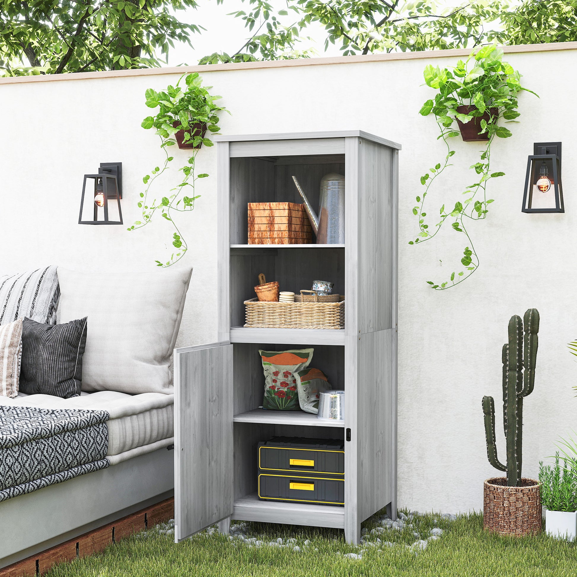 Garden Cabinet Wood, Weatherproof Tool Shed 60x60x160cm, Tool Shed with Door, Adjustable Shelves, Lockable Tool Cabinet, Garden Shed for Garden, Patio, Backyard, Light Grey