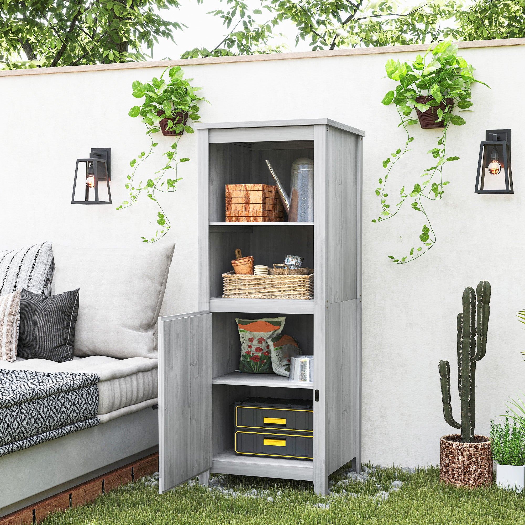 Garden Cabinet Wood, Weatherproof Tool Shed 60x60x160cm, Tool Shed with Door, Adjustable Shelves, Lockable Tool Cabinet, Garden Shed for Garden, Patio, Backyard, Light Grey