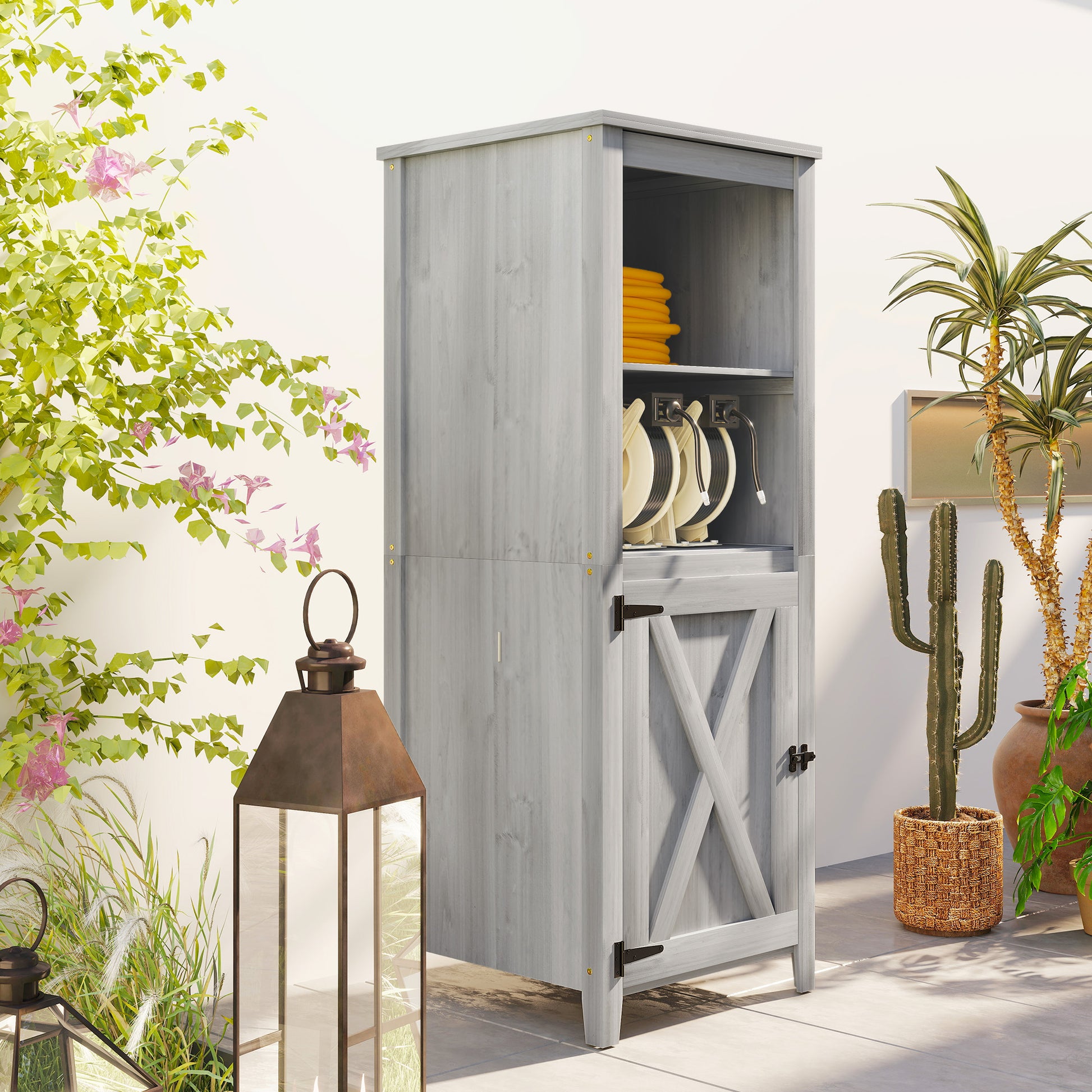 Garden Cabinet Wood, Weatherproof Tool Shed 60x60x160cm, Tool Shed with Door, Adjustable Shelves, Lockable Tool Cabinet, Garden Shed for Garden, Patio, Backyard, Light Grey