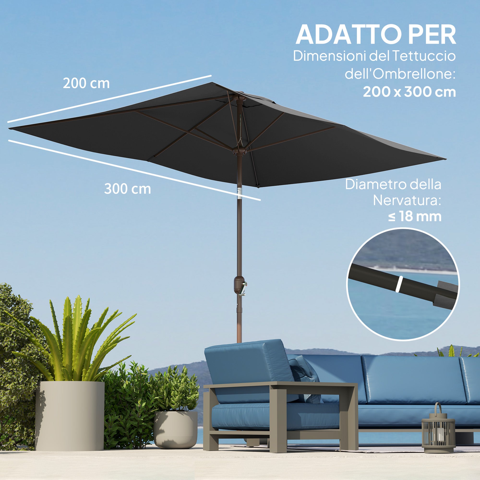 Replacement Cover for Rectangular Sun Umbrella 3x2 m with Ventilation Opening on Top, Umbrella Cover made of 180 g/m² Polyester, UV Protection 50+, Dark Gray
