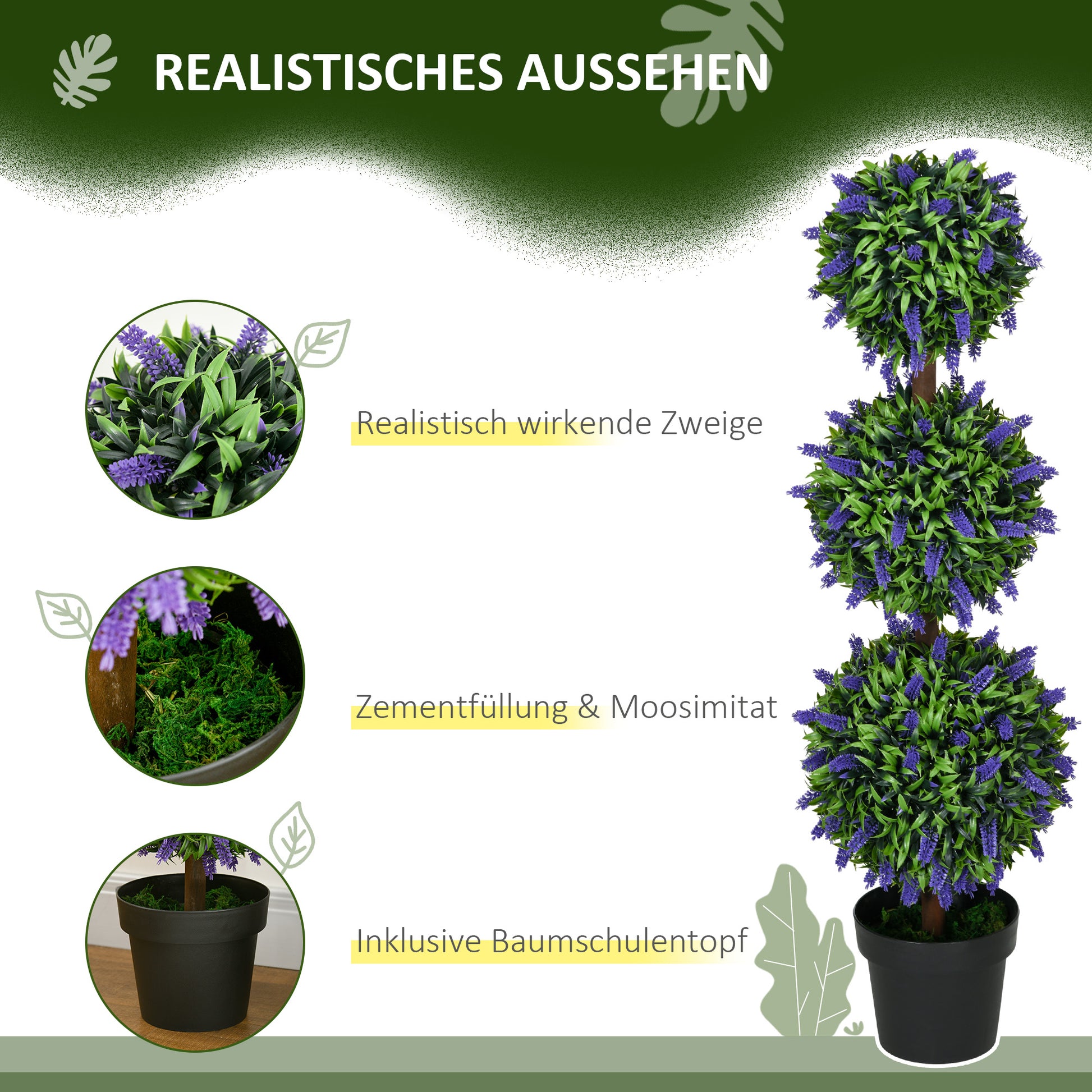 Set of 2 Large Artificial Lavender Trees 110 cm Artificial Plants, Plastic Artificial Plants in Pots, UV Resistant Artificial Flowers with 3 Balls for Living Room Bedroom Office Garden