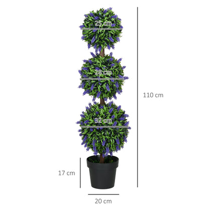 Set of 2 Large Artificial Lavender Trees 110 cm Artificial Plants, Plastic Artificial Plants in Pots, UV Resistant Artificial Flowers with 3 Balls for Living Room Bedroom Office Garden