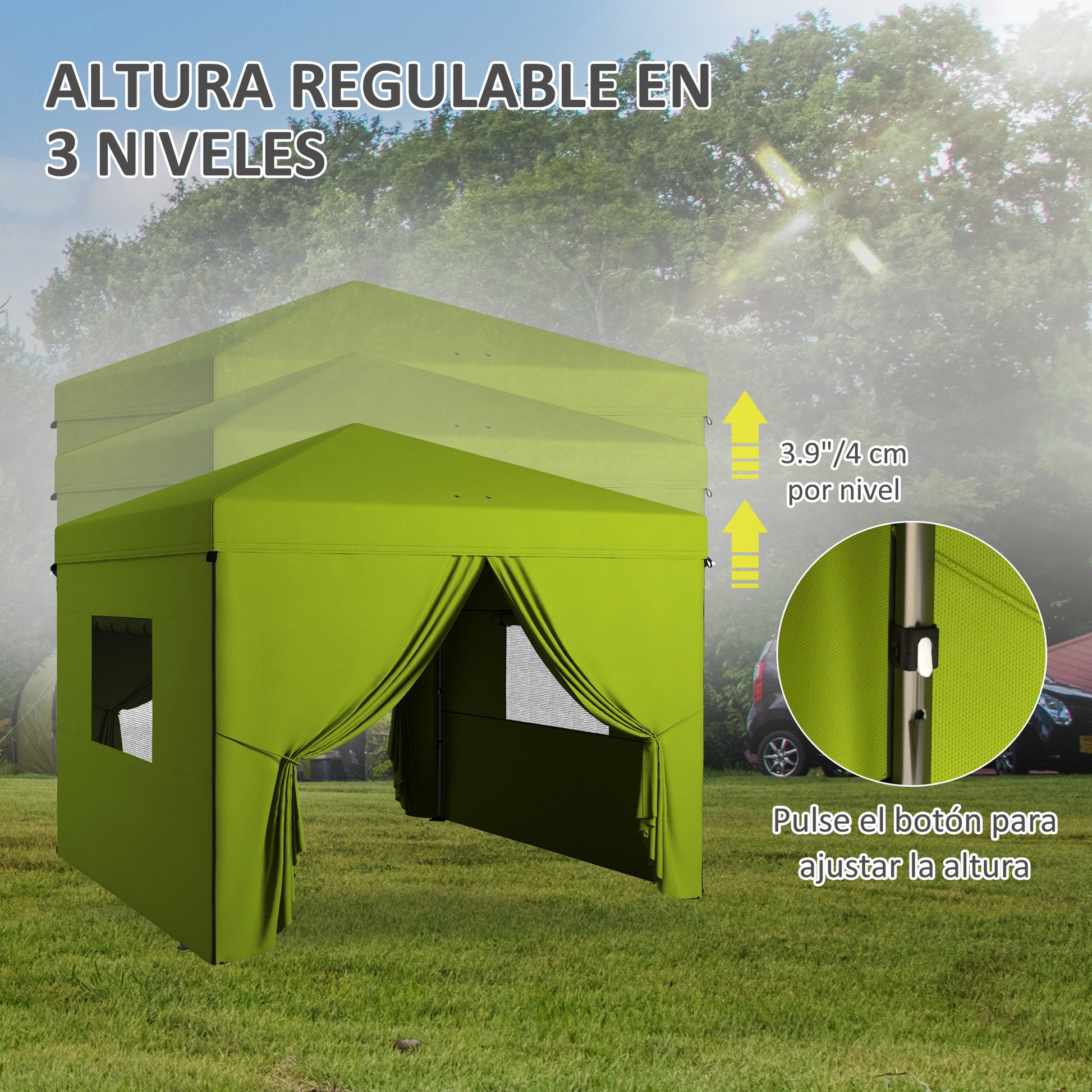 Pop-Up Foldable Tent 3x3 m Garden Gazebo with 4 Side Walls 2 Mesh Windows Adjustable Height Waterproof and Anti-UV Carrying Bag for Camping Parties Green
