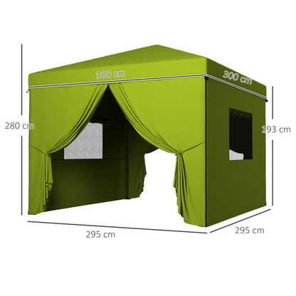 Pop-Up Foldable Tent 3x3 m Garden Gazebo with 4 Side Walls 2 Mesh Windows Adjustable Height Waterproof and Anti-UV Carrying Bag for Camping Parties Green