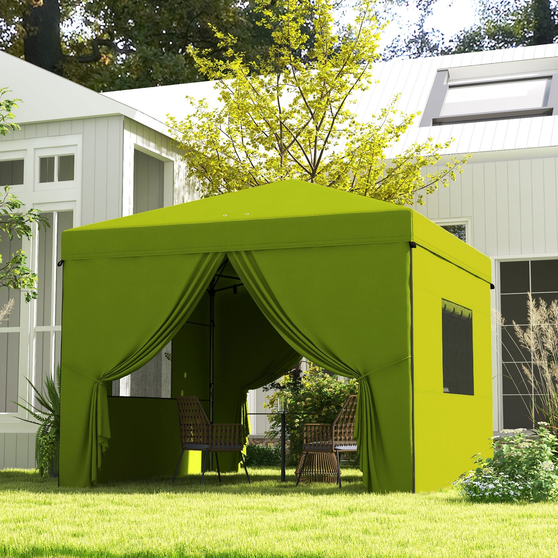 Pop-Up Foldable Tent 3x3 m Garden Gazebo with 4 Side Walls 2 Mesh Windows Adjustable Height Waterproof and Anti-UV Carrying Bag for Camping Parties Green