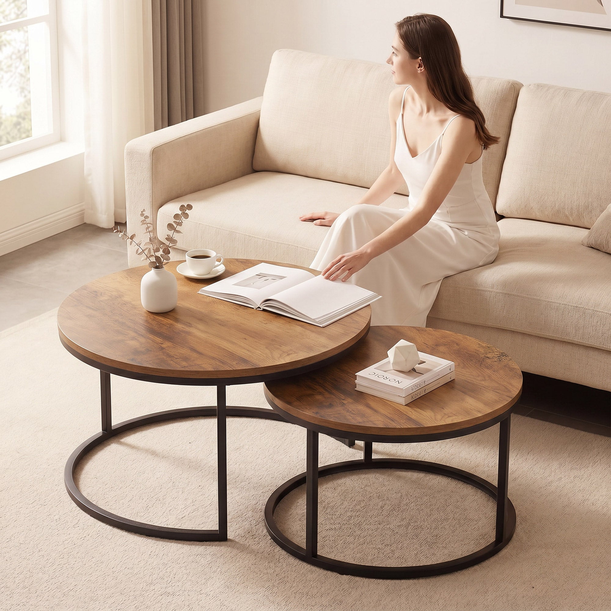 2-Piece Round Nesting Coffee Tables — Industrial Metal Frame, Brown Wood-Effect Tops (Large 23.6×23.6×17.7 in / Small 17.7×17.7×15.9 in)
