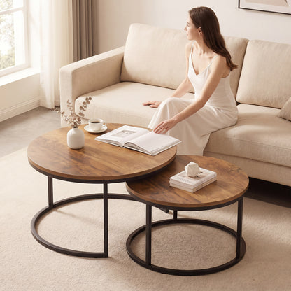 2-Piece Round Nesting Coffee Tables — Industrial Metal Frame, Brown Wood-Effect Tops (Large 23.6×23.6×17.7 in / Small 17.7×17.7×15.9 in)