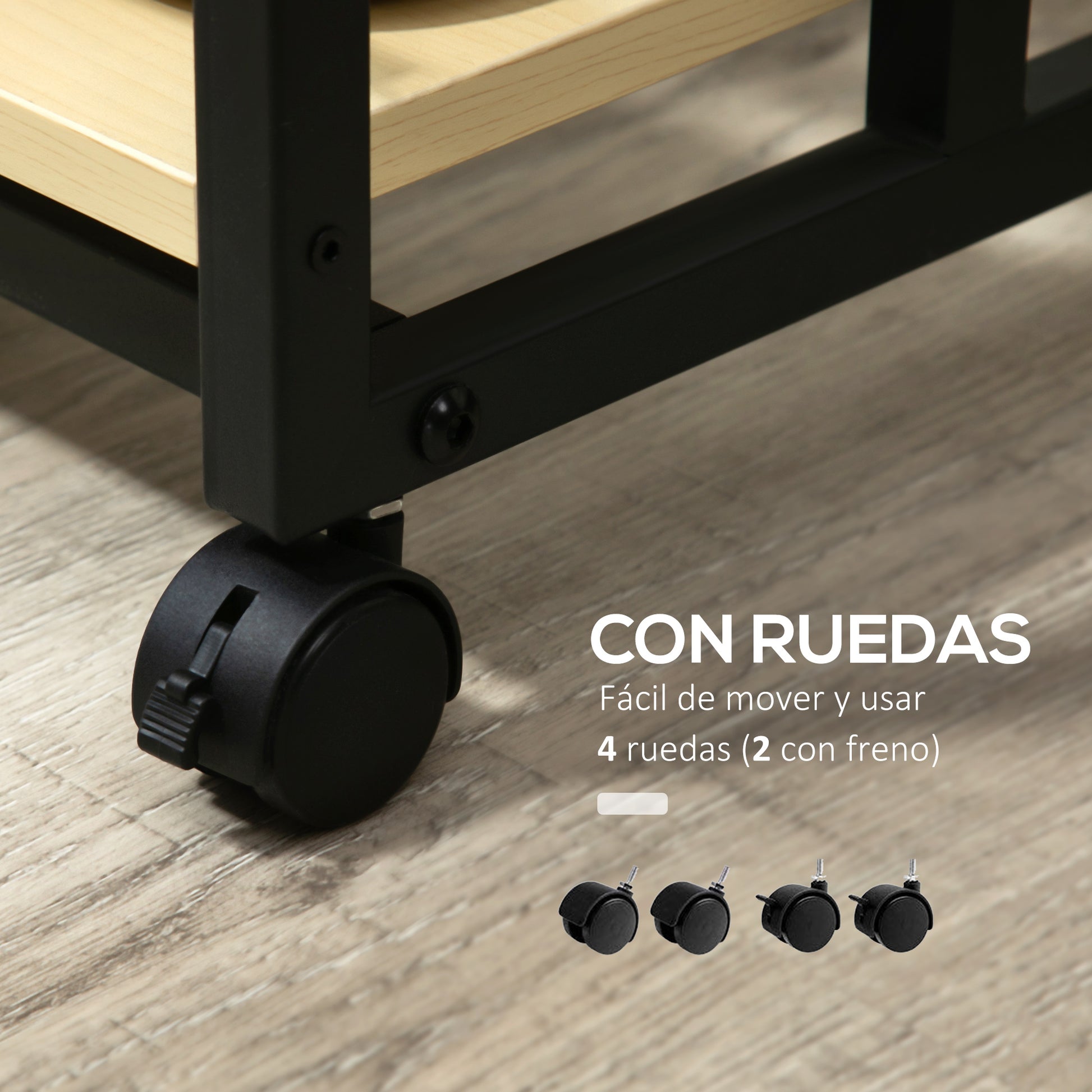Side Table with Wheels C-Shaped End Table for Sofa Bed with 2 Shelves and Brakes for Bedroom Living Room Modern Style 60x34.5x64.5 cm Natural