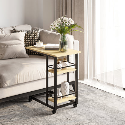 Side Table with Wheels C-Shaped End Table for Sofa Bed with 2 Shelves and Brakes for Bedroom Living Room Modern Style 60x34.5x64.5 cm Natural
