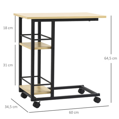 Side Table with Wheels C-Shaped End Table for Sofa Bed with 2 Shelves and Brakes for Bedroom Living Room Modern Style 60x34.5x64.5 cm Natural