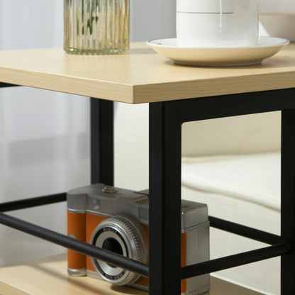 Side Table with Wheels C-Shaped End Table for Sofa Bed with 2 Shelves and Brakes for Bedroom Living Room Modern Style 60x34.5x64.5 cm Natural