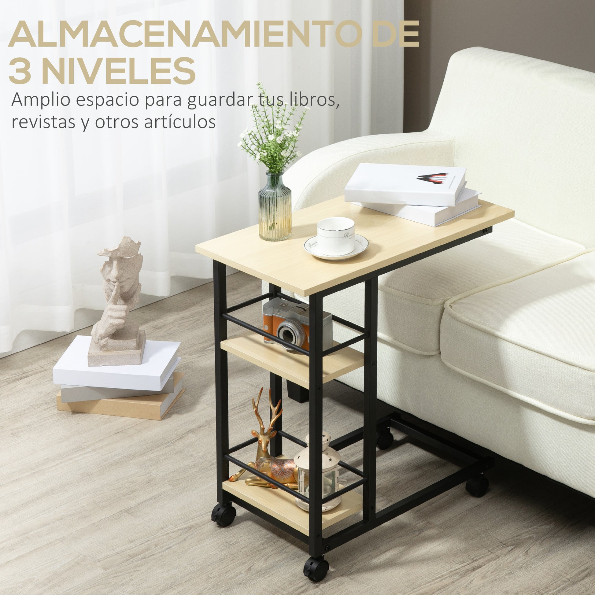 Side Table with Wheels C-Shaped End Table for Sofa Bed with 2 Shelves and Brakes for Bedroom Living Room Modern Style 60x34.5x64.5 cm Natural