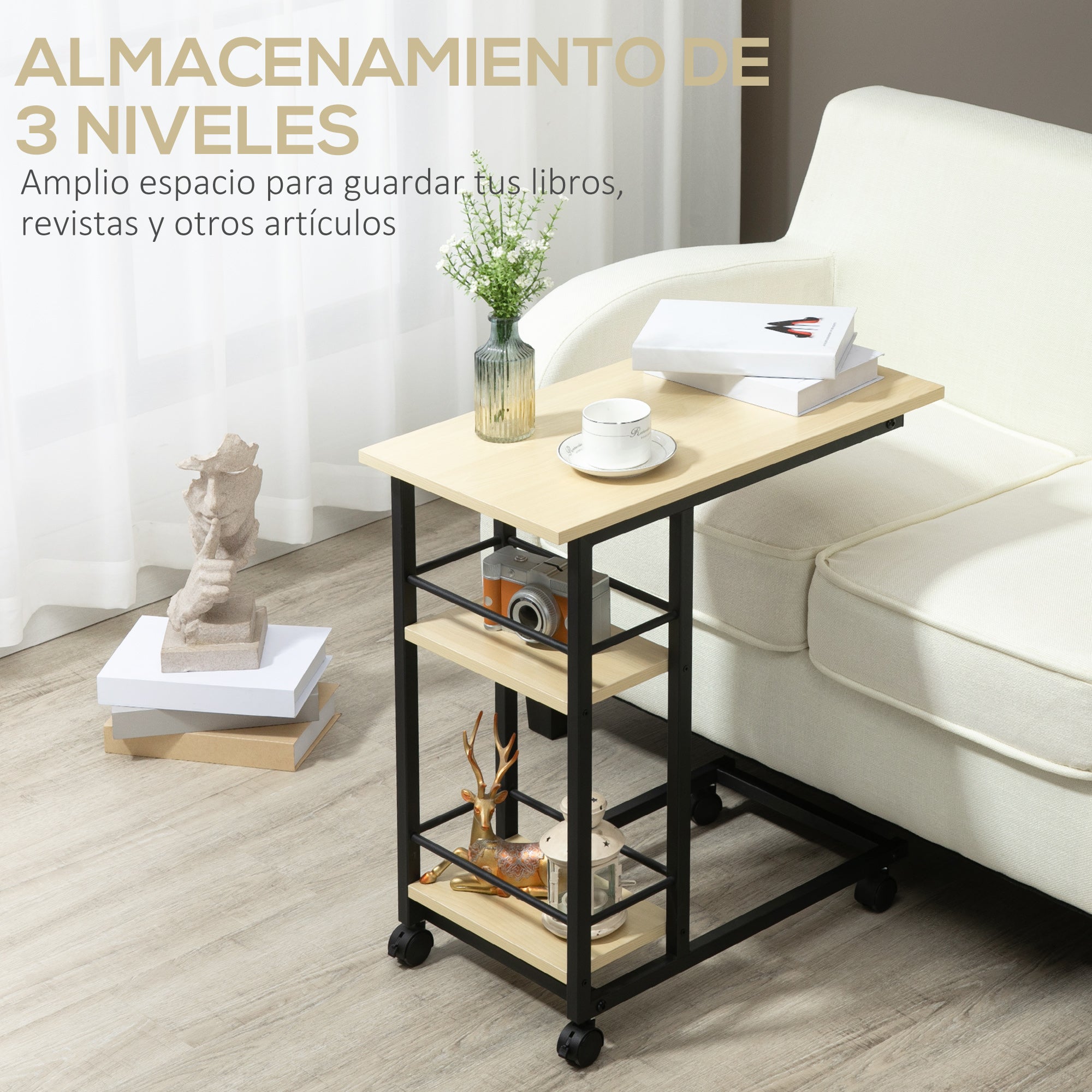 Side Table with Wheels C-Shaped End Table for Sofa Bed with 2 Shelves and Brakes for Bedroom Living Room Modern Style 60x34.5x64.5 cm Natural