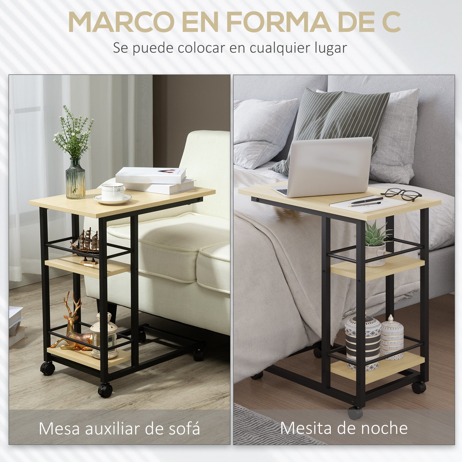 Side Table with Wheels C-Shaped End Table for Sofa Bed with 2 Shelves and Brakes for Bedroom Living Room Modern Style 60x34.5x64.5 cm Natural