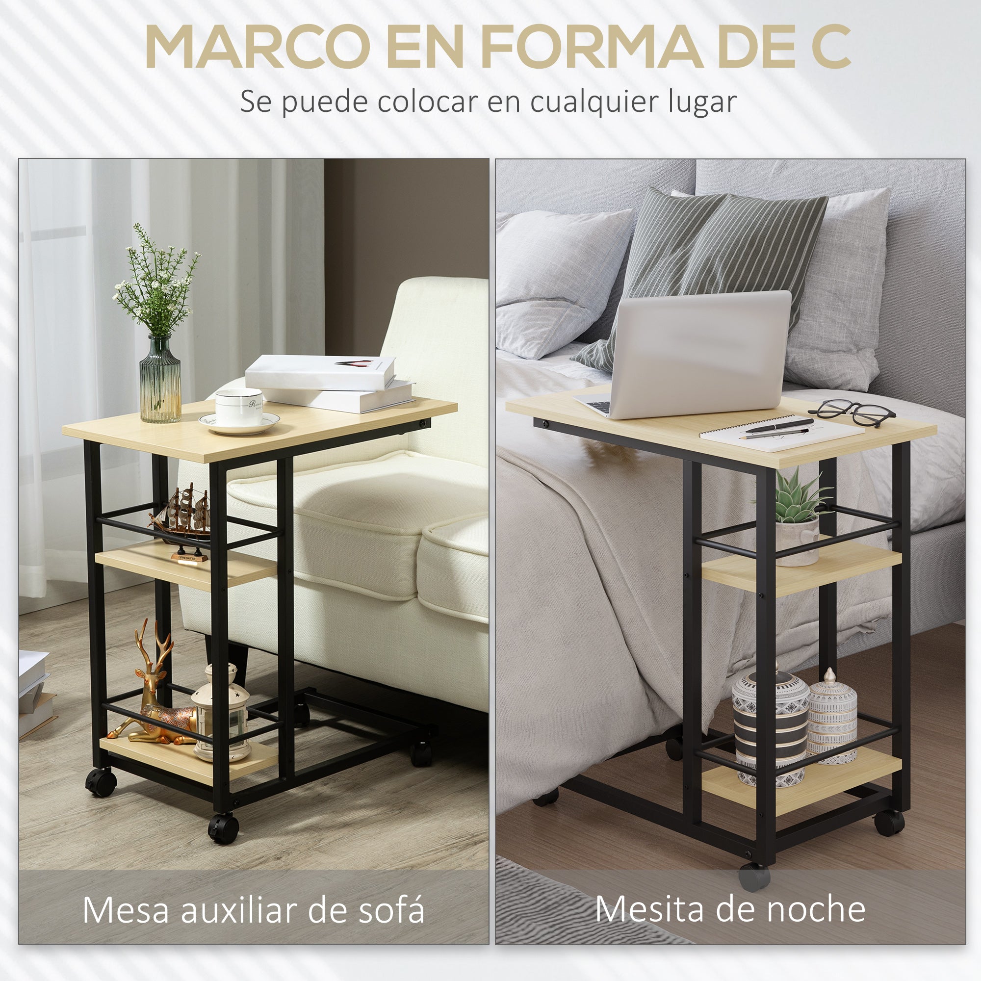 Side Table with Wheels C-Shaped End Table for Sofa Bed with 2 Shelves and Brakes for Bedroom Living Room Modern Style 60x34.5x64.5 cm Natural