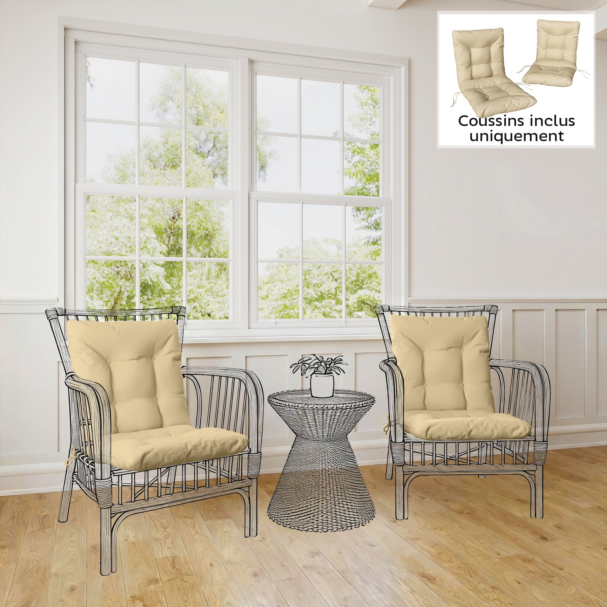 2-Pack Outdoor Chair Cushions with Ties, Indoor/Outdoor, 47.2 x 19.7 x 3.1 in, Beige