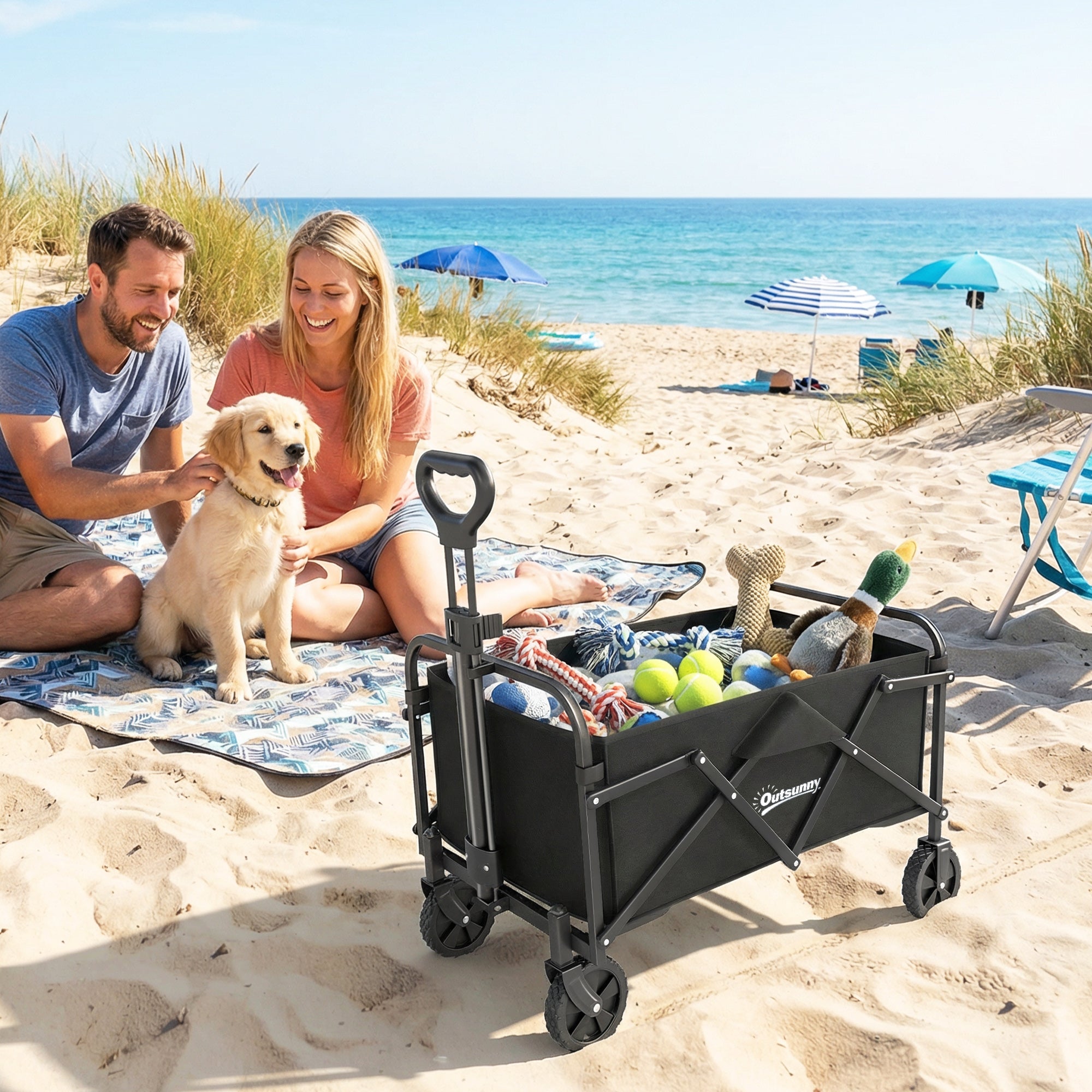 Foldable Beach Wagon with Wheels, Adjustable Handle, Metal Frame, 150 lb Capacity, All-Terrain Utility Cart for Garden, Camping, Shopping — Black