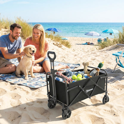 Foldable Beach Wagon with Wheels, Adjustable Handle, Metal Frame, 150 lb Capacity, All-Terrain Utility Cart for Garden, Camping, Shopping — Black