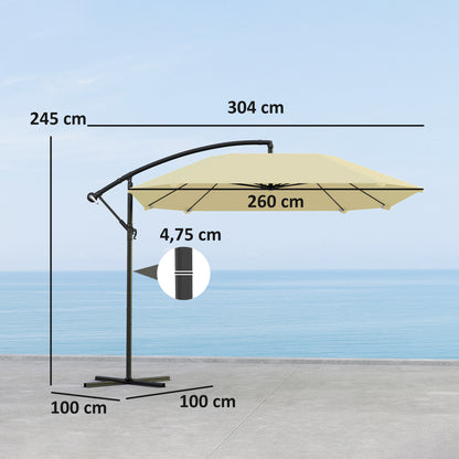 Cantilever Umbrella Aluminum Ø 260 cm Sunshade, Waterproof Crank Umbrella with Stand, Crank, Wind Protection, Adjustable Market Umbrella Tilt-able Garden Umbrella Sun Protection for Balcony Garden Terrace Beige