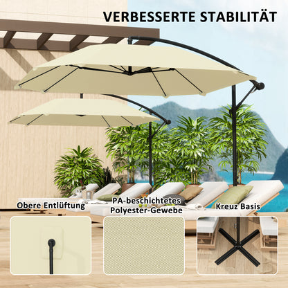 Cantilever Umbrella Aluminum Ø 260 cm Sunshade, Waterproof Crank Umbrella with Stand, Crank, Wind Protection, Adjustable Market Umbrella Tilt-able Garden Umbrella Sun Protection for Balcony Garden Terrace Beige