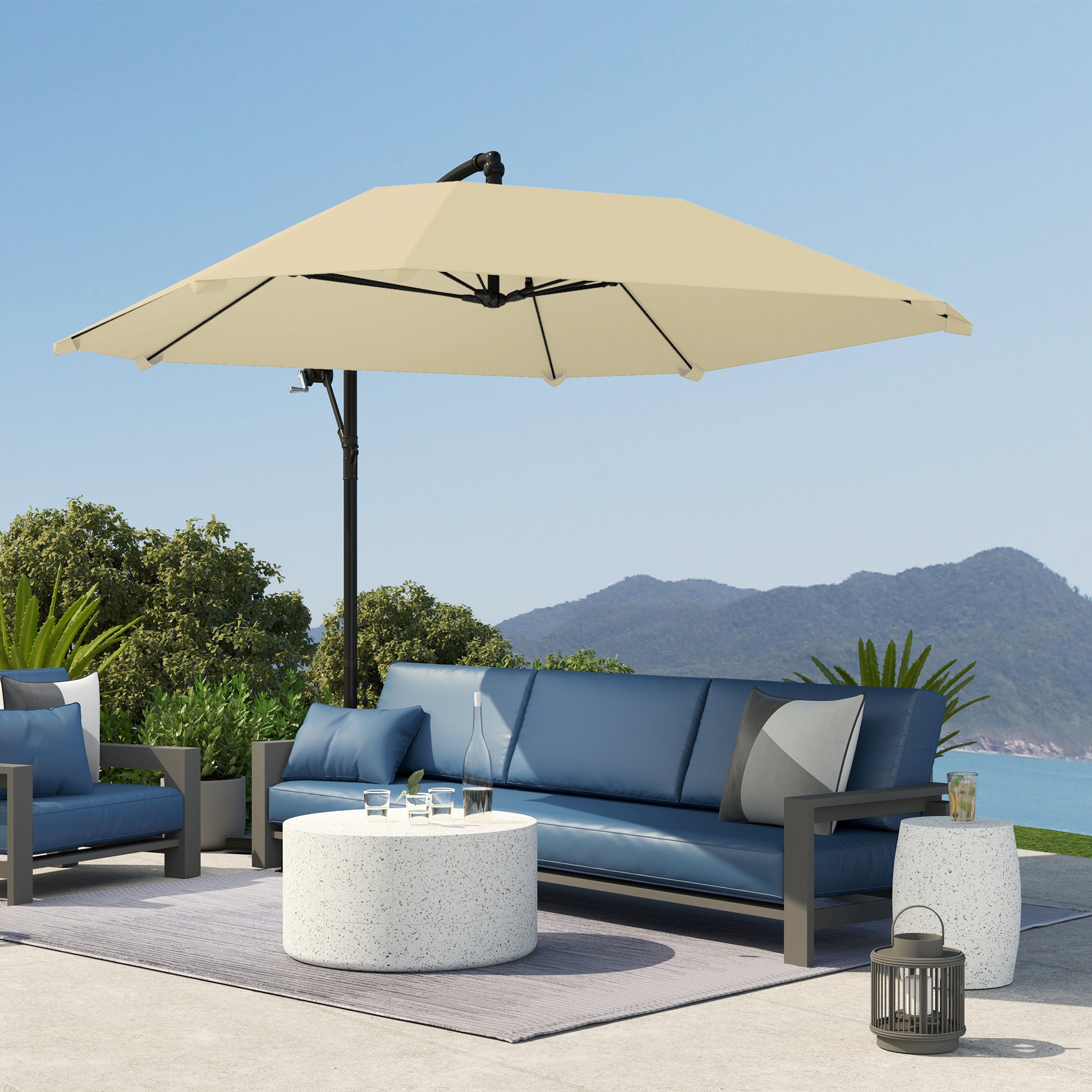 Cantilever Umbrella Aluminum Ø 260 cm Sunshade, Waterproof Crank Umbrella with Stand, Crank, Wind Protection, Adjustable Market Umbrella Tilt-able Garden Umbrella Sun Protection for Balcony Garden Terrace Beige