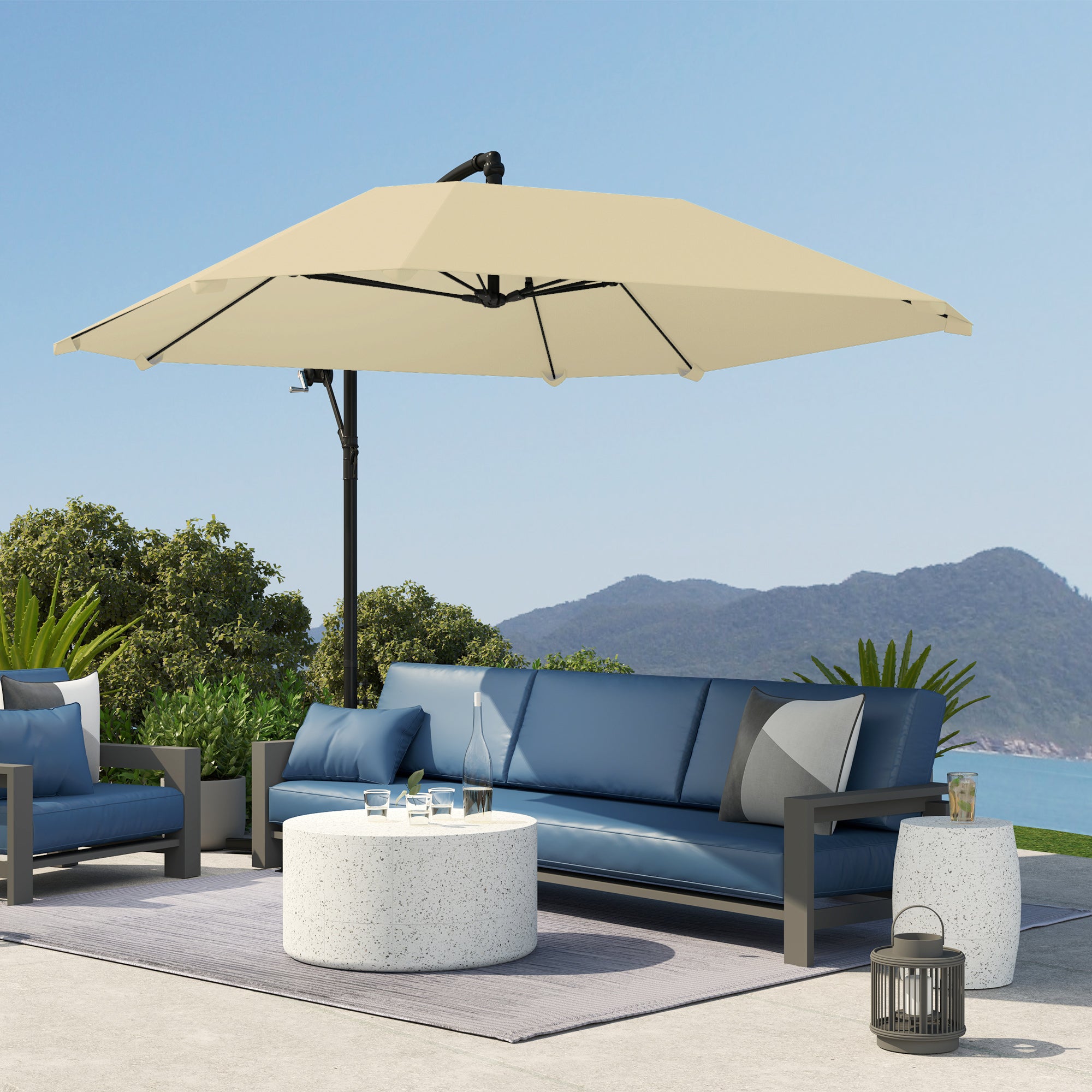 Cantilever Umbrella Aluminum Ø 260 cm Sunshade, Waterproof Crank Umbrella with Stand, Crank, Wind Protection, Adjustable Market Umbrella Tilt-able Garden Umbrella Sun Protection for Balcony Garden Terrace Beige