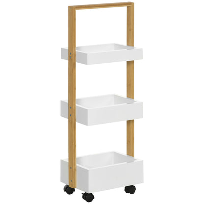 Bamboo Storage Cart Utility Cart with Wheels Kitchen Cart with 3 Baskets and Handle for Living Room Bathroom 28x18x75 cm White and Natural