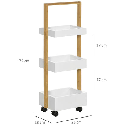 Bamboo Storage Cart Utility Cart with Wheels Kitchen Cart with 3 Baskets and Handle for Living Room Bathroom 28x18x75 cm White and Natural