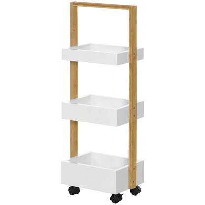 Bamboo Storage Cart Utility Cart with Wheels Kitchen Cart with 3 Baskets and Handle for Living Room Bathroom 28x18x75 cm White and Natural