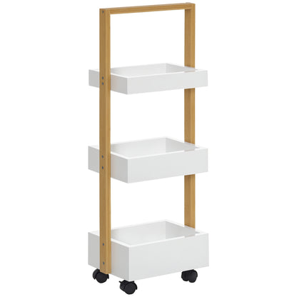 Bamboo Storage Cart Utility Cart with Wheels Kitchen Cart with 3 Baskets and Handle for Living Room Bathroom 28x18x75 cm White and Natural