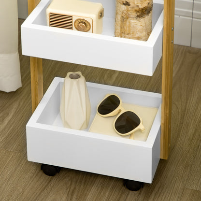 Bamboo Storage Cart Utility Cart with Wheels Kitchen Cart with 3 Baskets and Handle for Living Room Bathroom 28x18x75 cm White and Natural