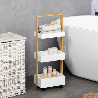 Bamboo Storage Cart Utility Cart with Wheels Kitchen Cart with 3 Baskets and Handle for Living Room Bathroom 28x18x75 cm White and Natural