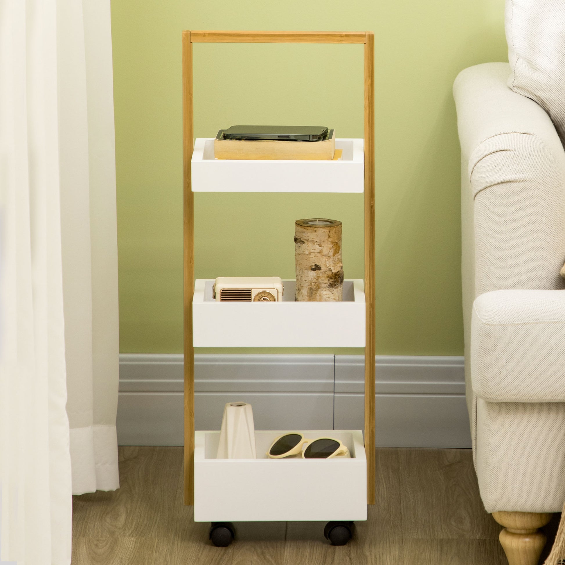 Bamboo Storage Cart Utility Cart with Wheels Kitchen Cart with 3 Baskets and Handle for Living Room Bathroom 28x18x75 cm White and Natural